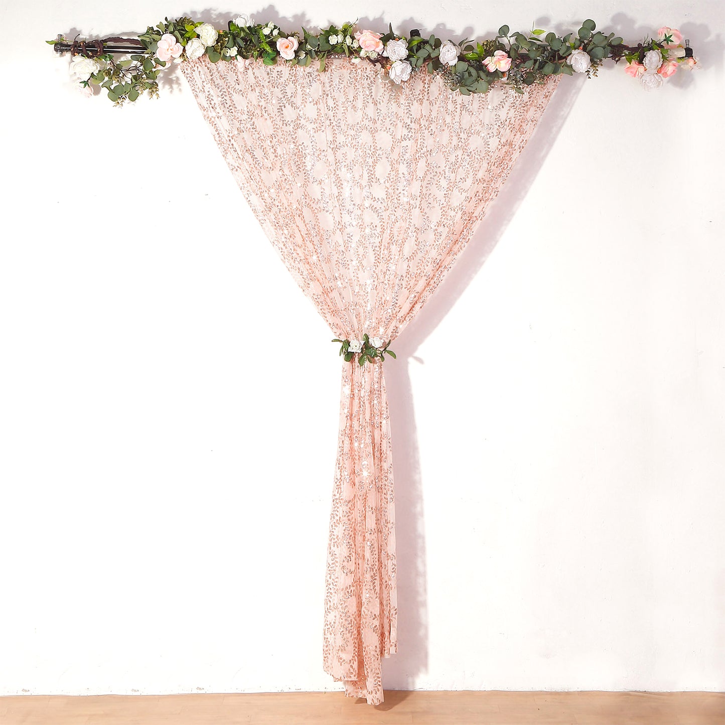 8ftx8ft Rose Gold Embroider Sequin Event Curtain Drapes, Sparkly Sheer Backdrop Event Panel With Embroidery Leaf