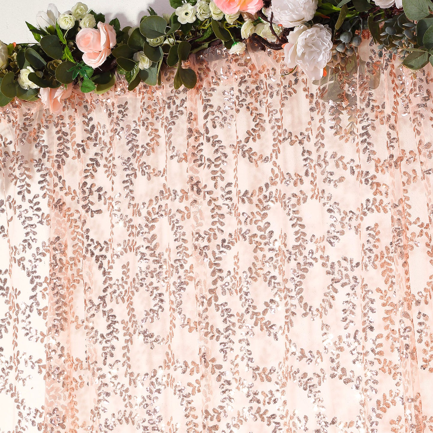 8ftx8ft Rose Gold Embroider Sequin Event Curtain Drapes, Sparkly Sheer Backdrop Event Panel With Embroidery Leaf