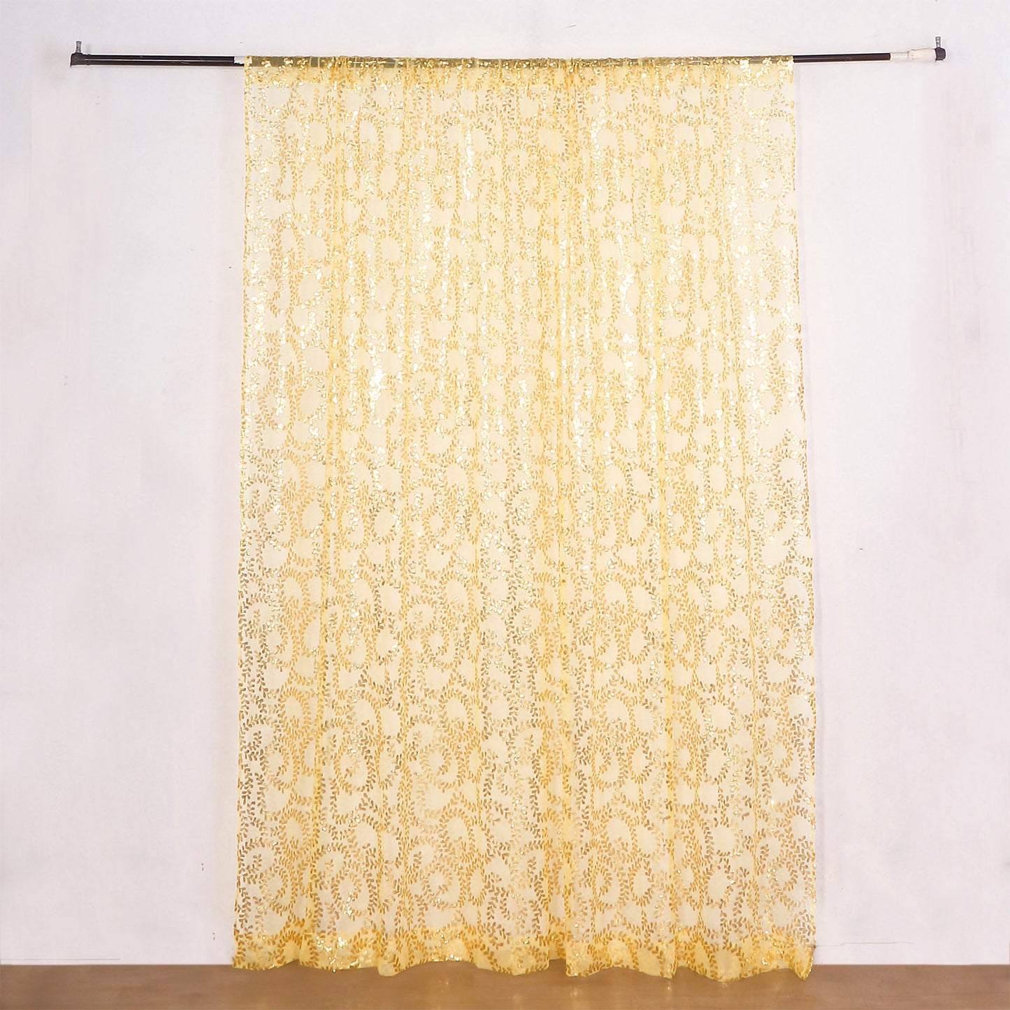 8ftx8ft Gold Embroider Sequin Event Curtain Drapes, Sparkly Sheer Backdrop Event Panel With Embroidery Leaf