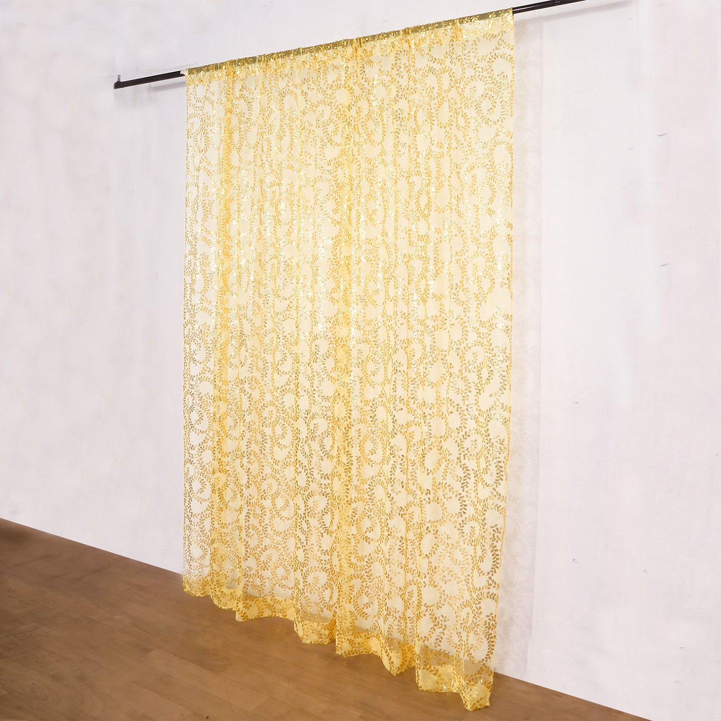 8ftx8ft Gold Embroider Sequin Event Curtain Drapes, Sparkly Sheer Backdrop Event Panel With Embroidery Leaf
