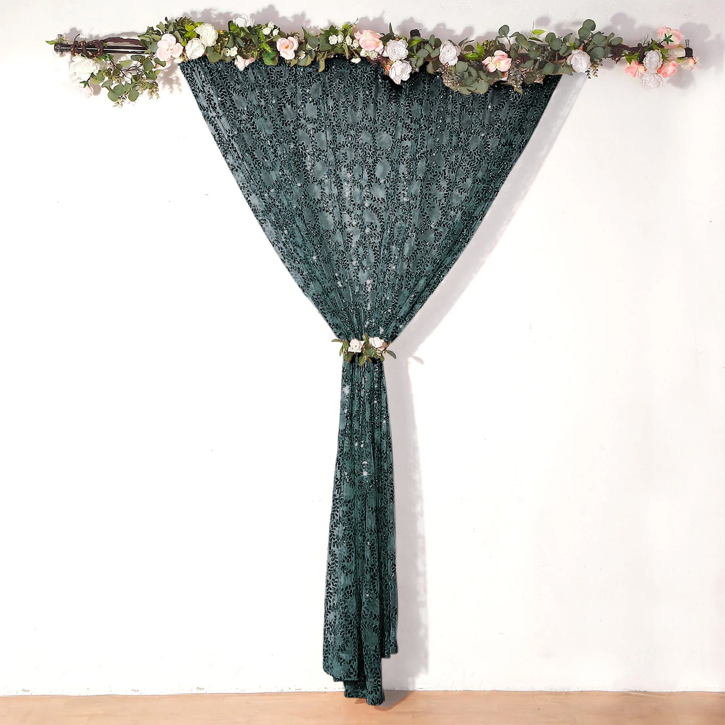 8ftx8ft Hunter Emerald Green Embroider Sequin Event Curtain Drapes, Sparkly Sheer Backdrop Event Panel With Embroidery Leaf