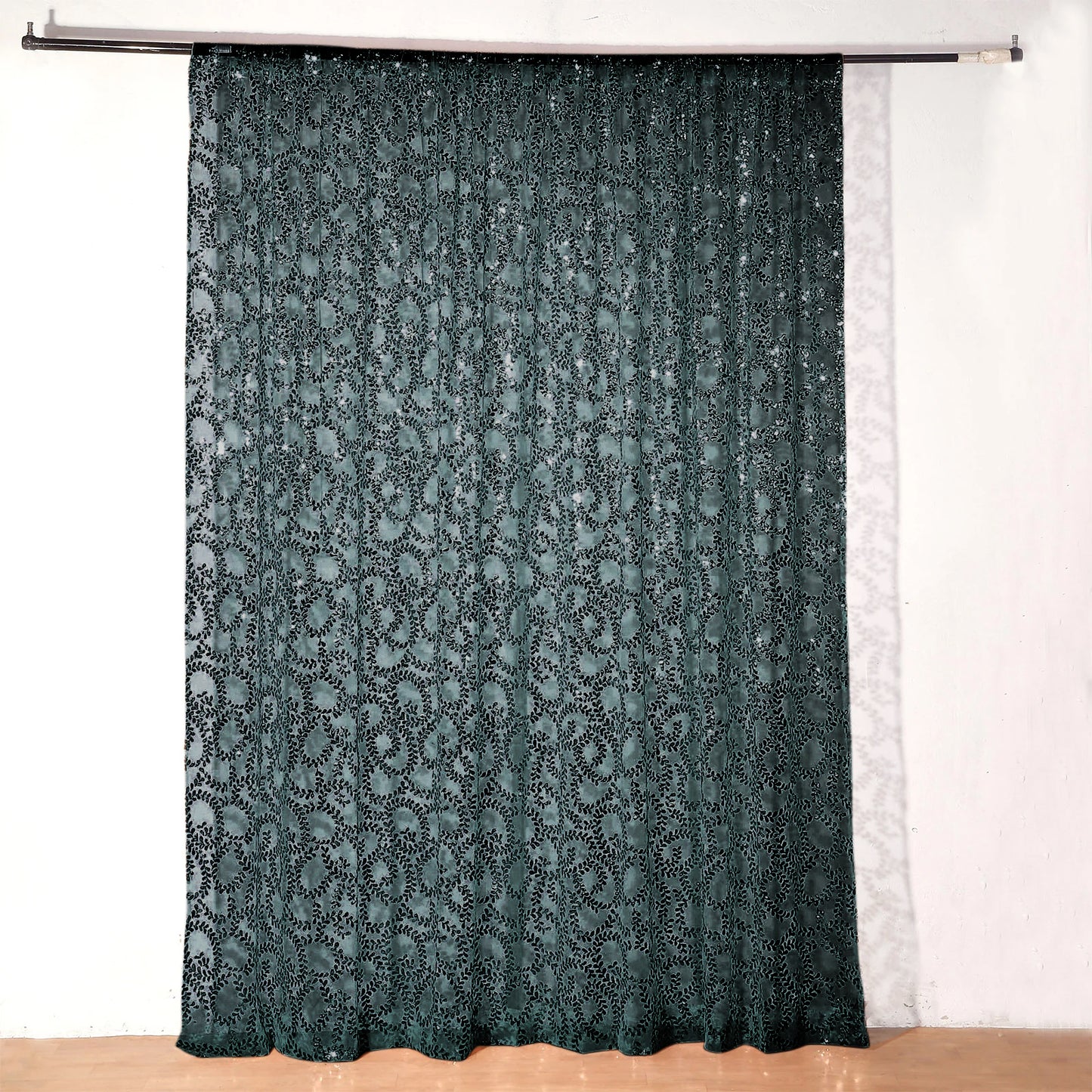 8ftx8ft Hunter Emerald Green Embroider Sequin Event Curtain Drapes, Sparkly Sheer Backdrop Event Panel With Embroidery Leaf