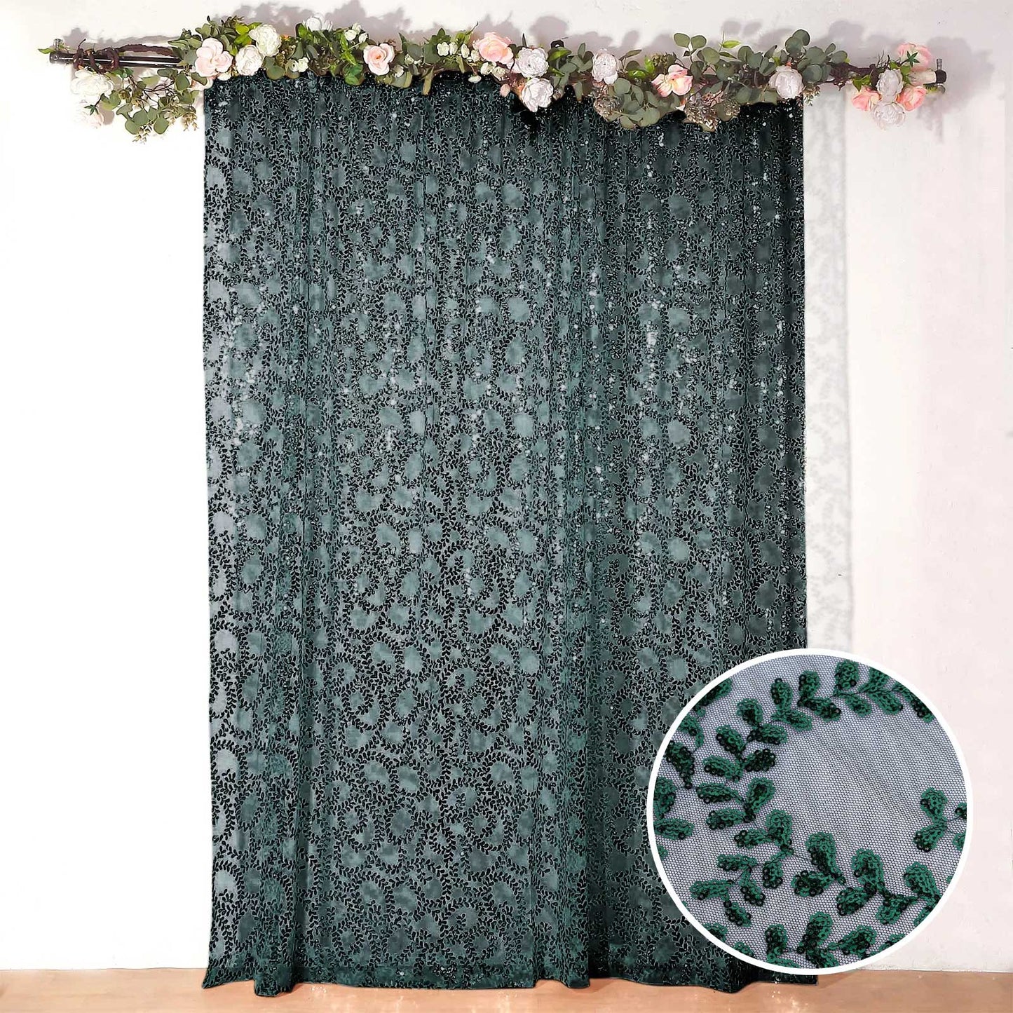 8ftx8ft Hunter Emerald Green Embroider Sequin Event Curtain Drapes, Sparkly Sheer Backdrop Event Panel With Embroidery Leaf