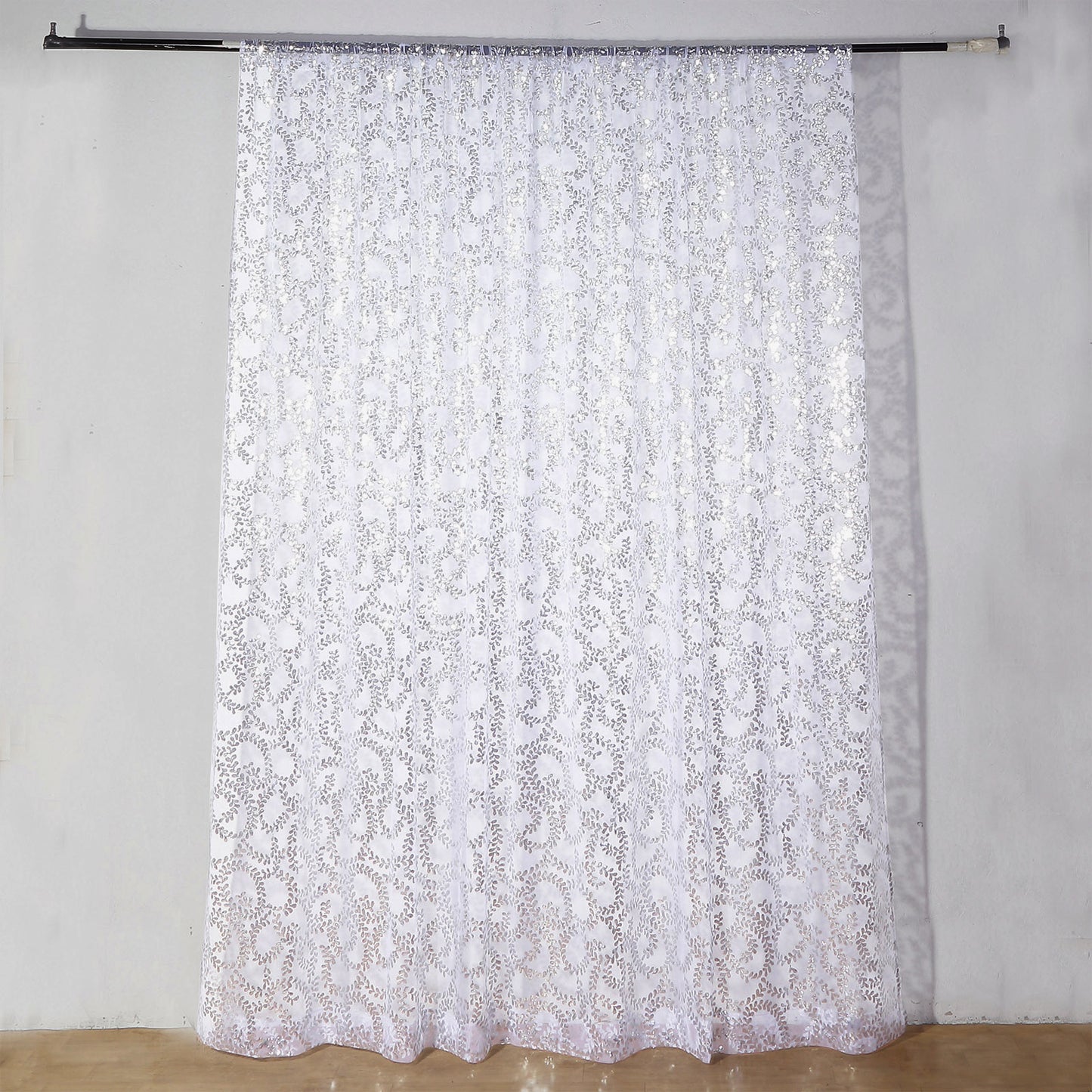 8ftx8ft Silver Embroider Sequin Event Curtain Drapes, Sparkly Sheer Backdrop Event Panel With Embroidery Leaf