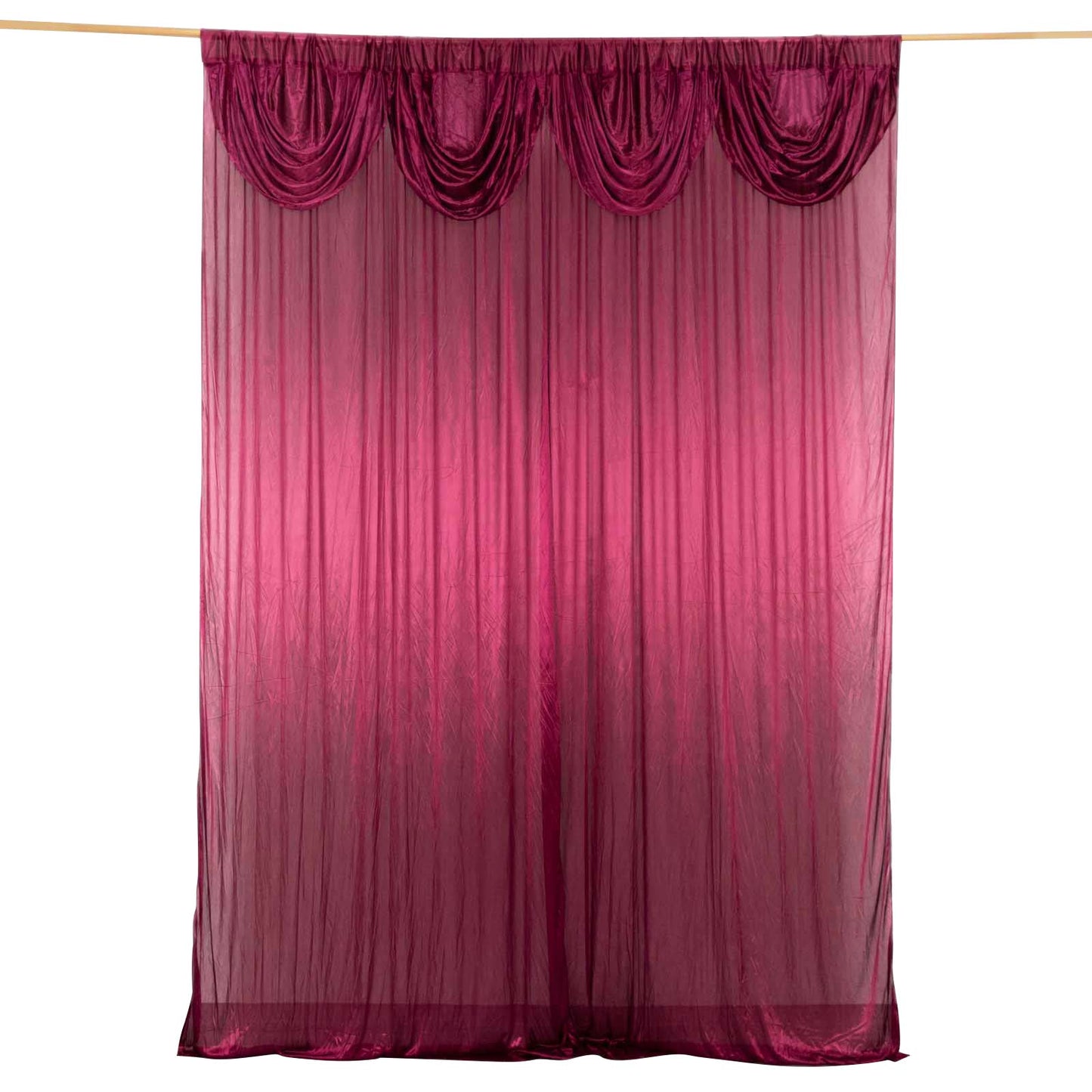 Burgundy pleated satin event curtain drape, glossy backdrop panel.