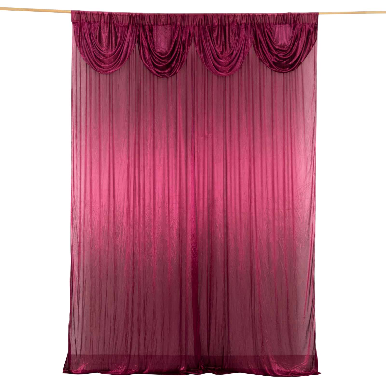 Burgundy pleated satin event curtain drape, glossy backdrop panel.