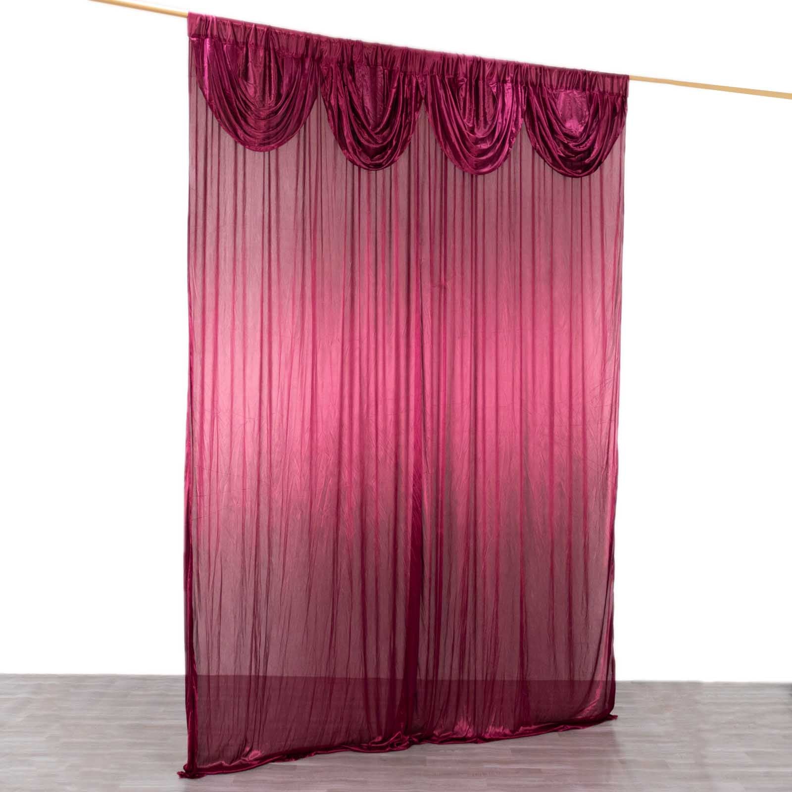 Burgundy pleated satin event curtain drapes for photo backdrop.