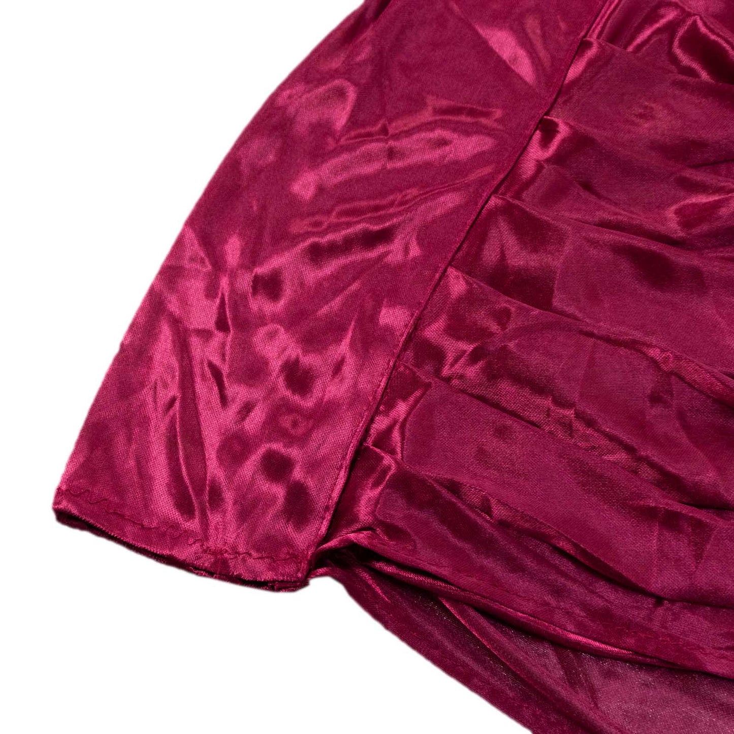 Burgundy pleated satin event curtain drape, glossy photo backdrop panel.