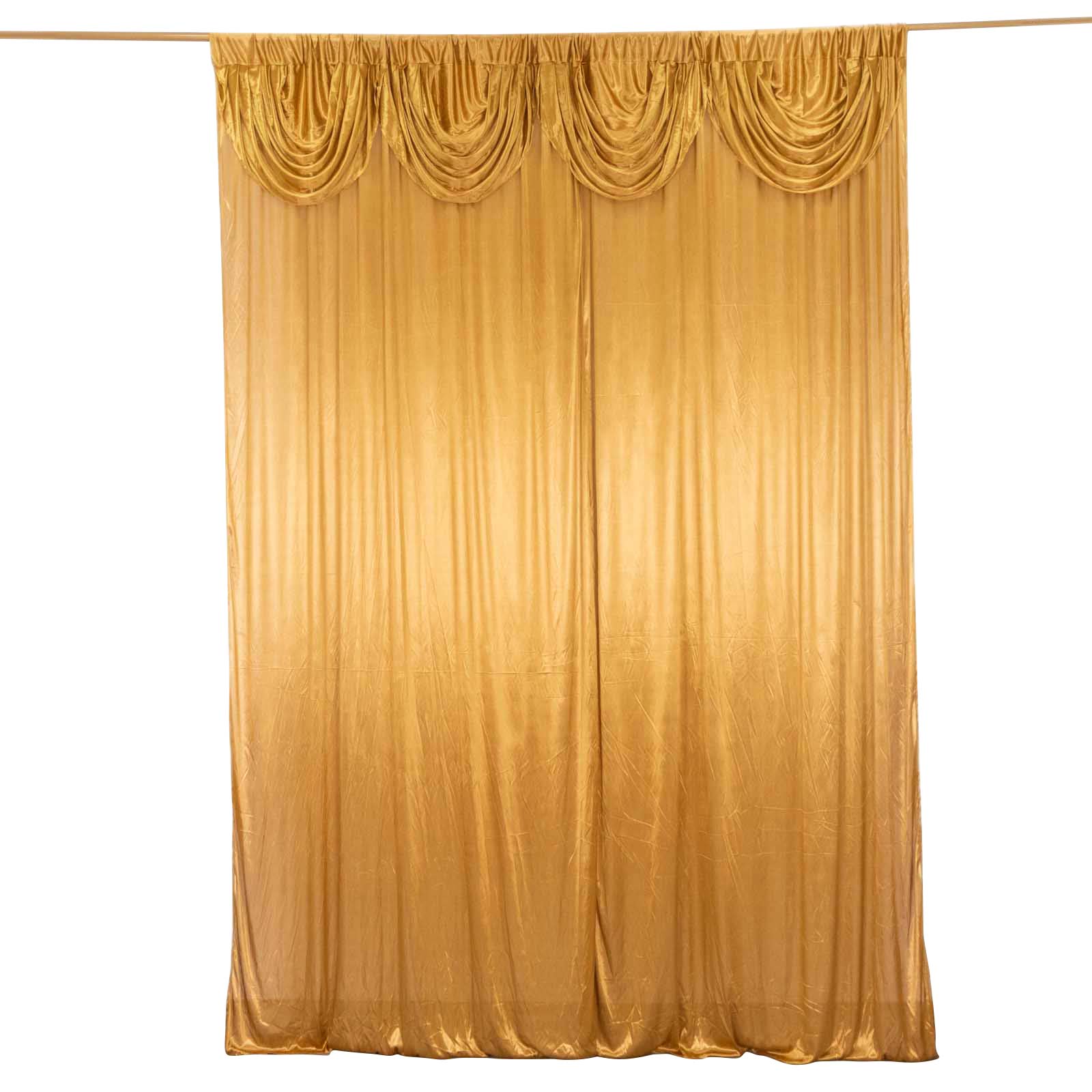 10ftx10ft gold double drape pleated satin curtain backdrop.