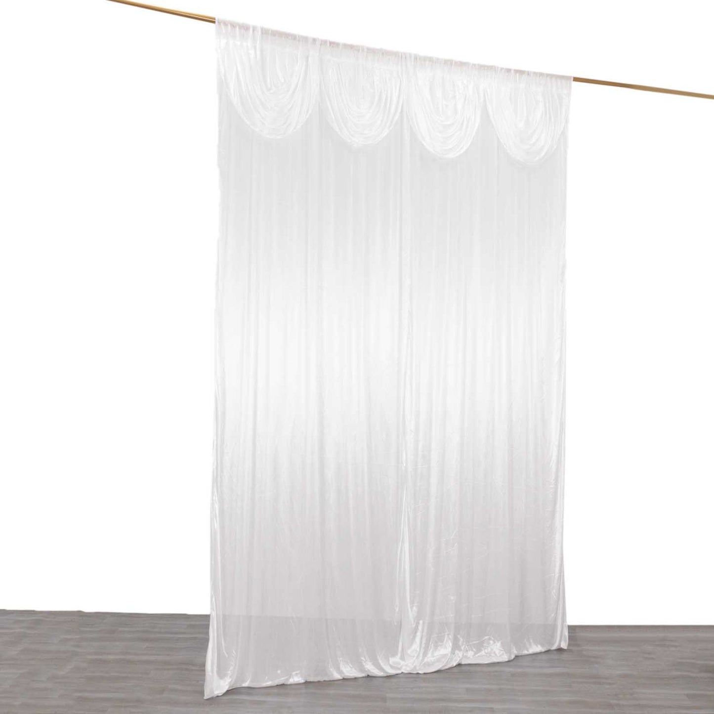 White satin event curtain drapes, glossy photo backdrop panel.