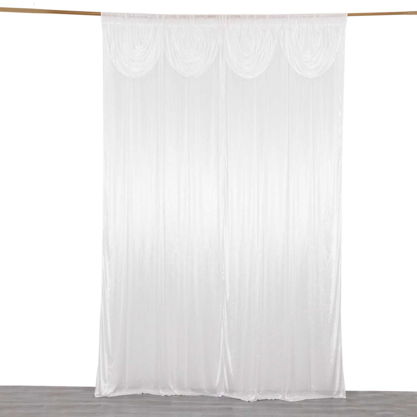 10ftx10ft white satin event curtain drapes, glossy backdrop panel.