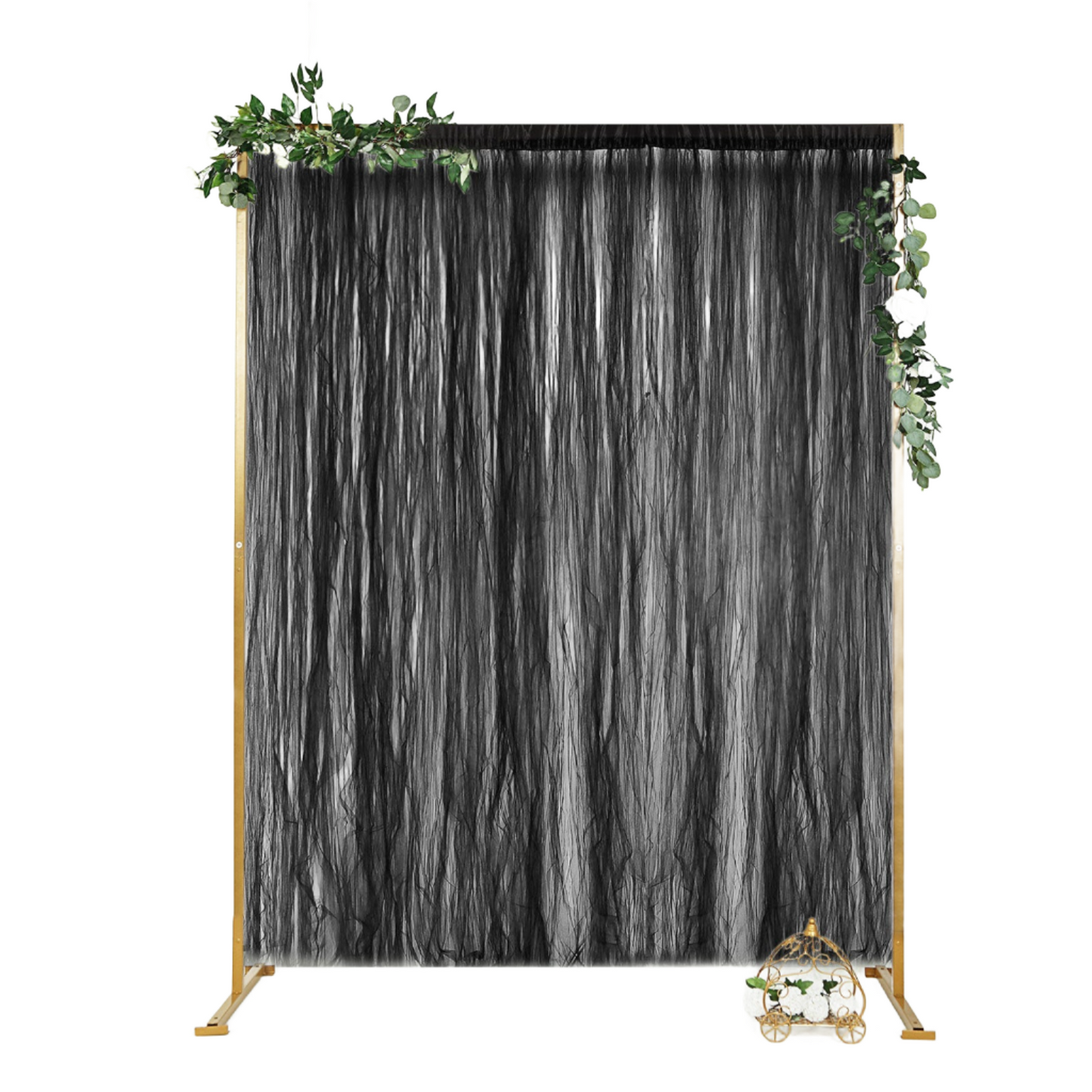 Black sheer tulle event curtain drapes with satin header, rod ready backdrop.