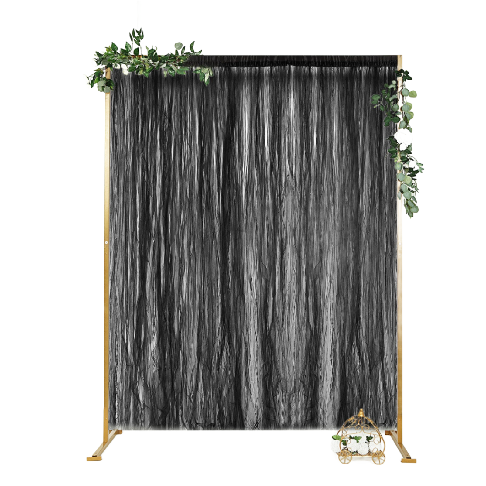 Black sheer tulle event curtain drapes with satin header, rod ready backdrop.