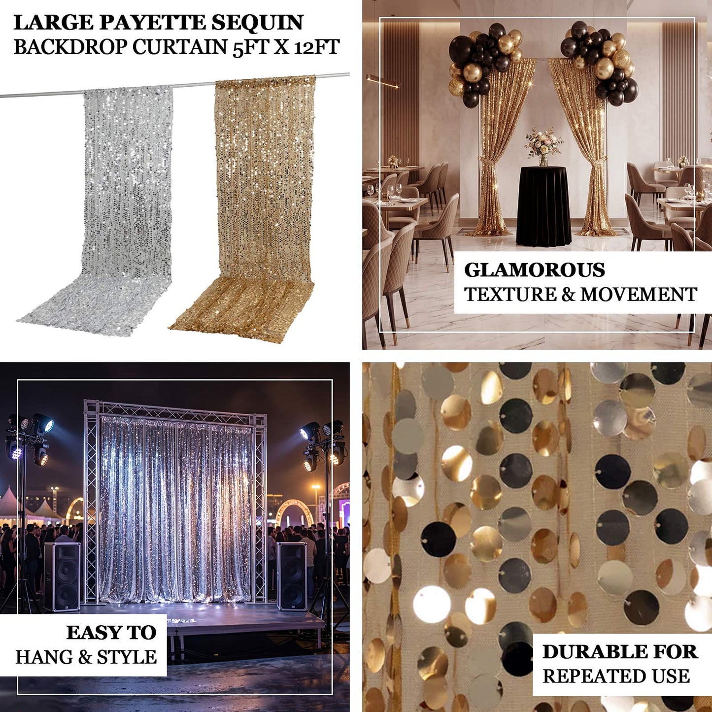 Decorative sequin curtain backdrop with large sequins for glamorous party and stage décor