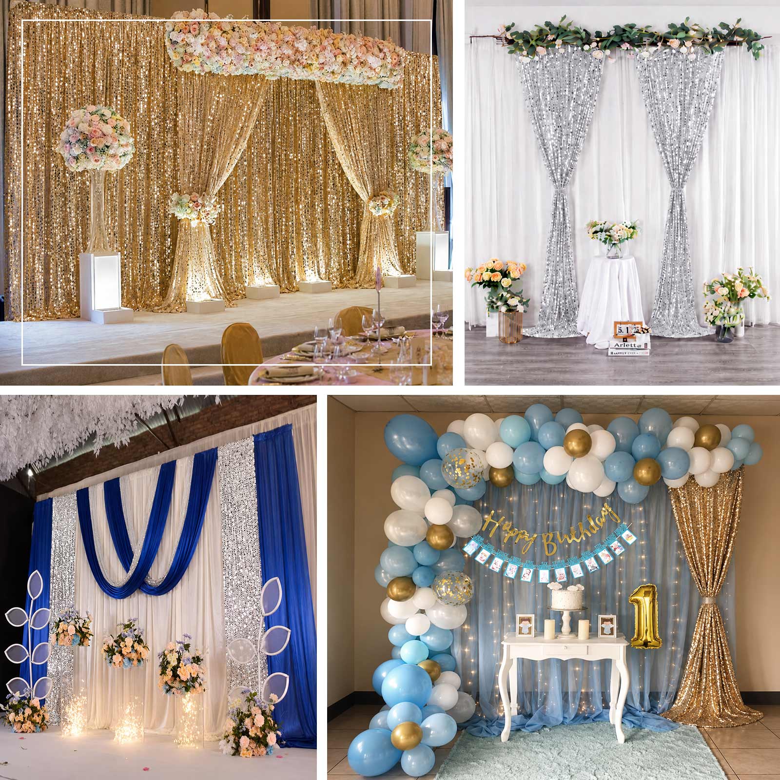 Large payette sequin curtains creating dazzling photo backdrops for birthdays, receptions, and speci