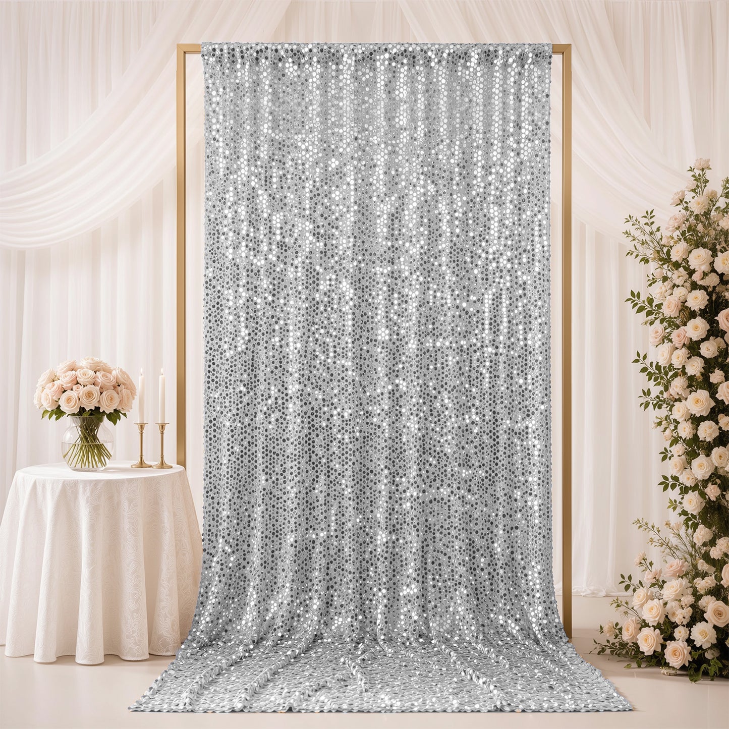 Silver Large Payette Sequin Backdrop Curtain 5ft x 12ft - Big Round Sequin Event Photography Panel w