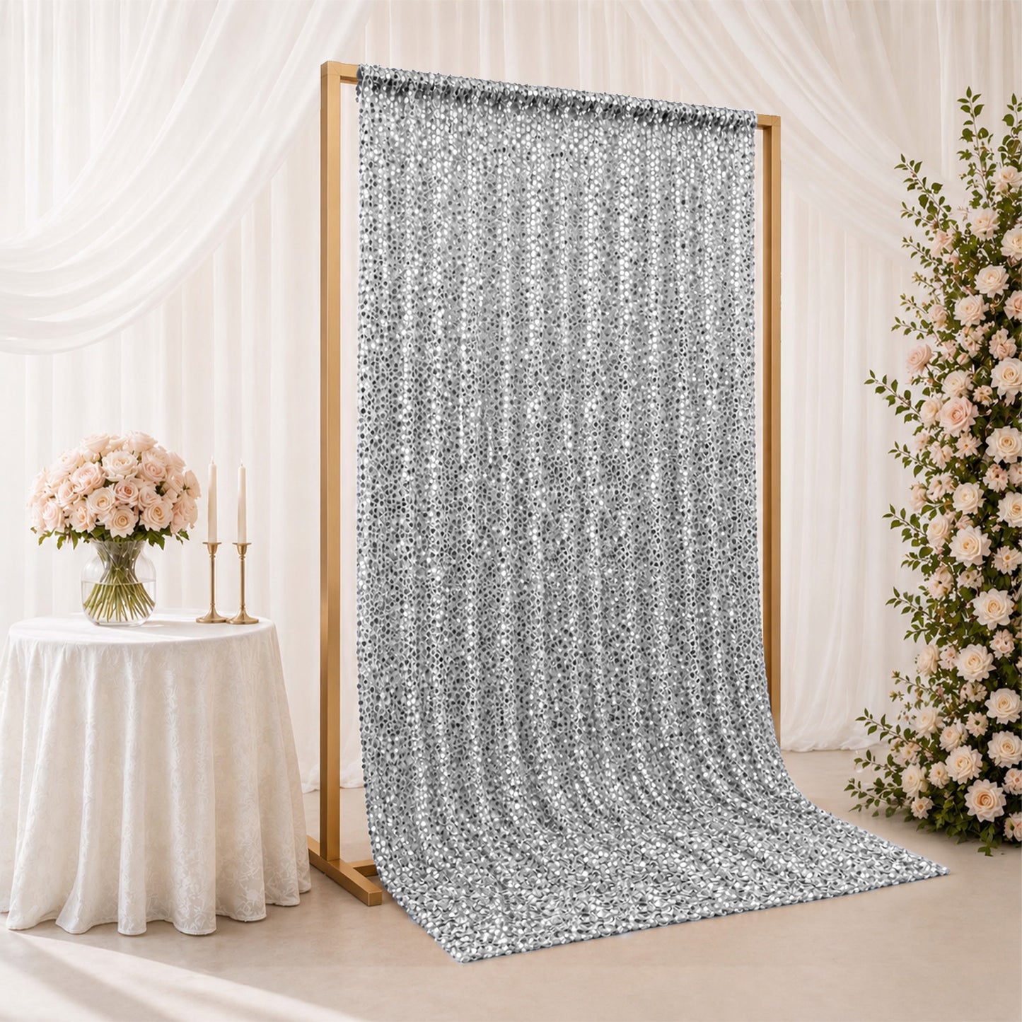 Silver Large Payette Sequin Backdrop Curtain 5ft x 12ft - Big Round Sequin Event Photography Panel w