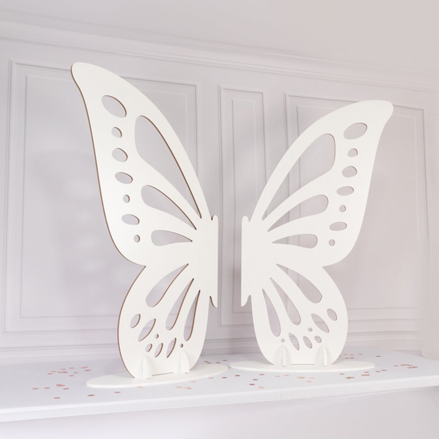 White freestanding wooden butterfly wings backdrop photo prop, 4.5ft x 3.5ft.