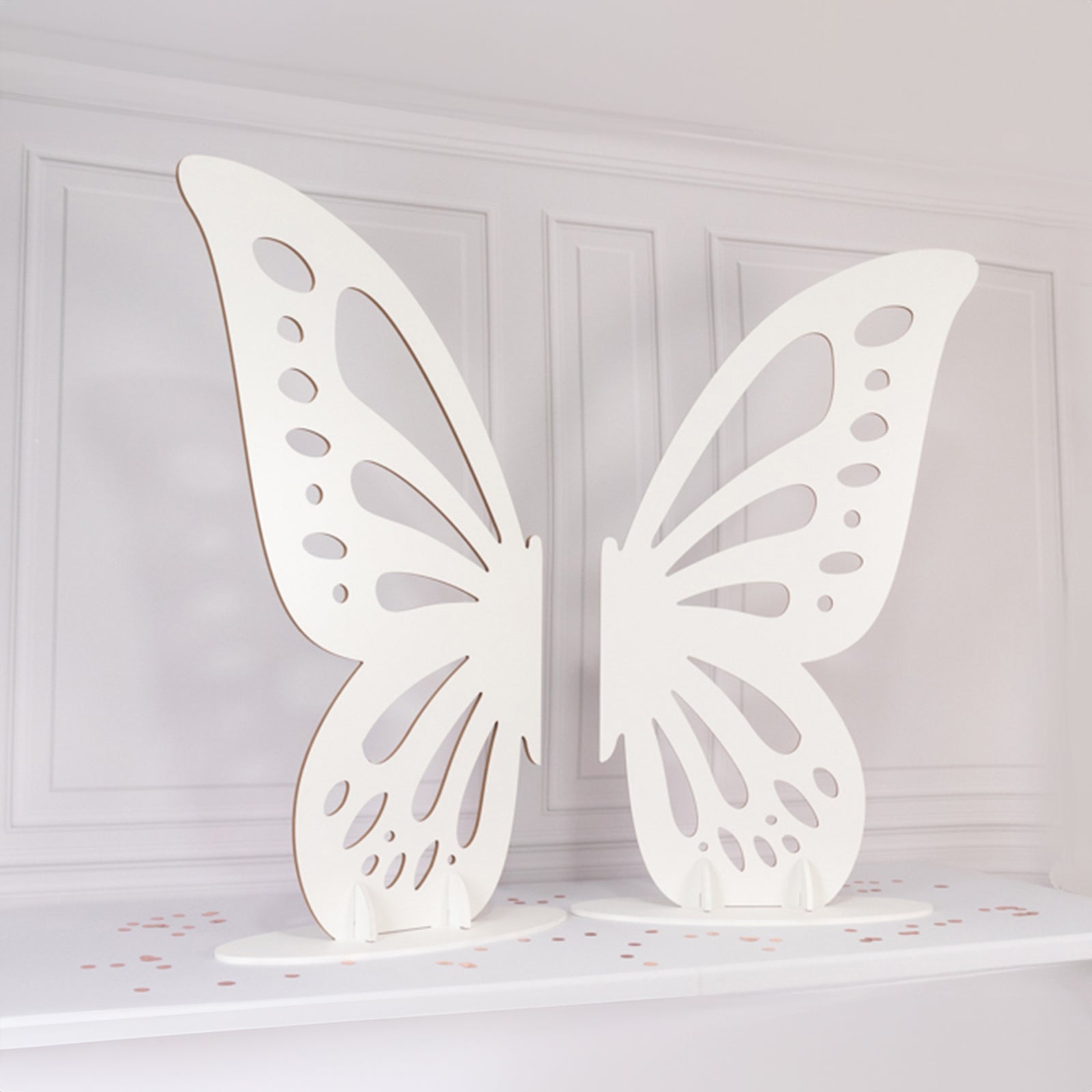White freestanding wooden butterfly wings backdrop photo prop, 4.5ft x 3.5ft.