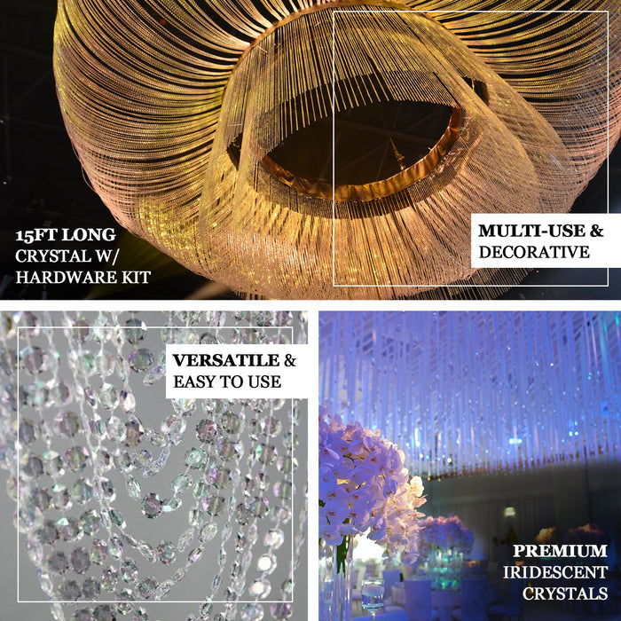 15ft crystal beaded ceiling drape curtains with hanging kit, iridescent and decorative.