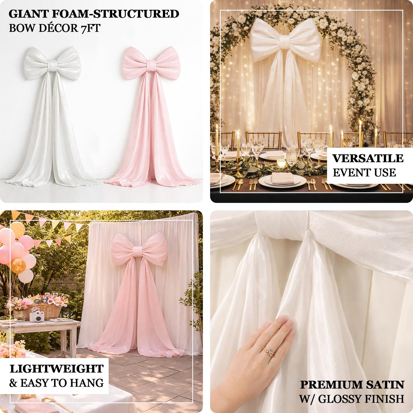 Giant white bow tie décor for wedding and event backdrops.