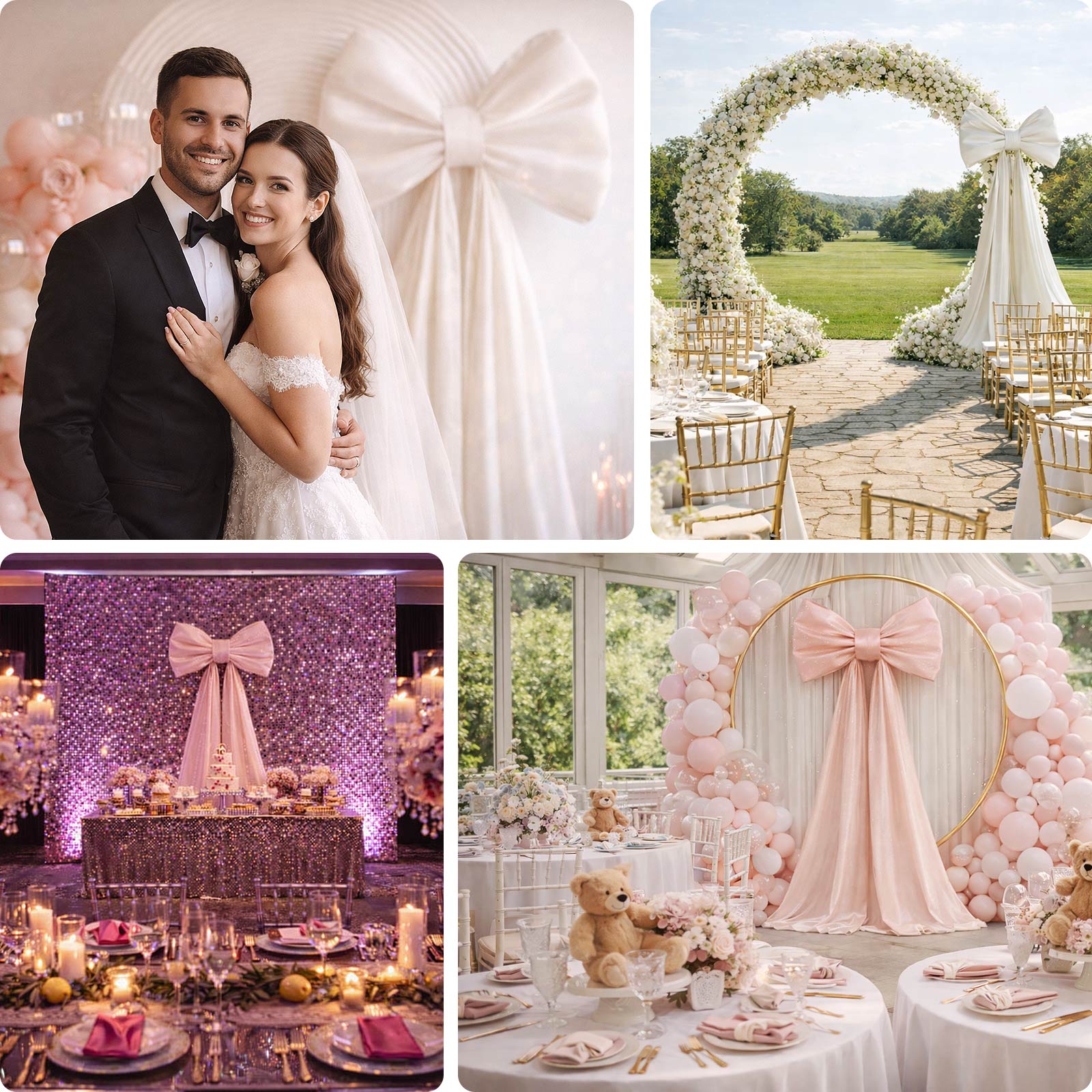Giant white bow tie décor for wedding and event photo booth backdrops.