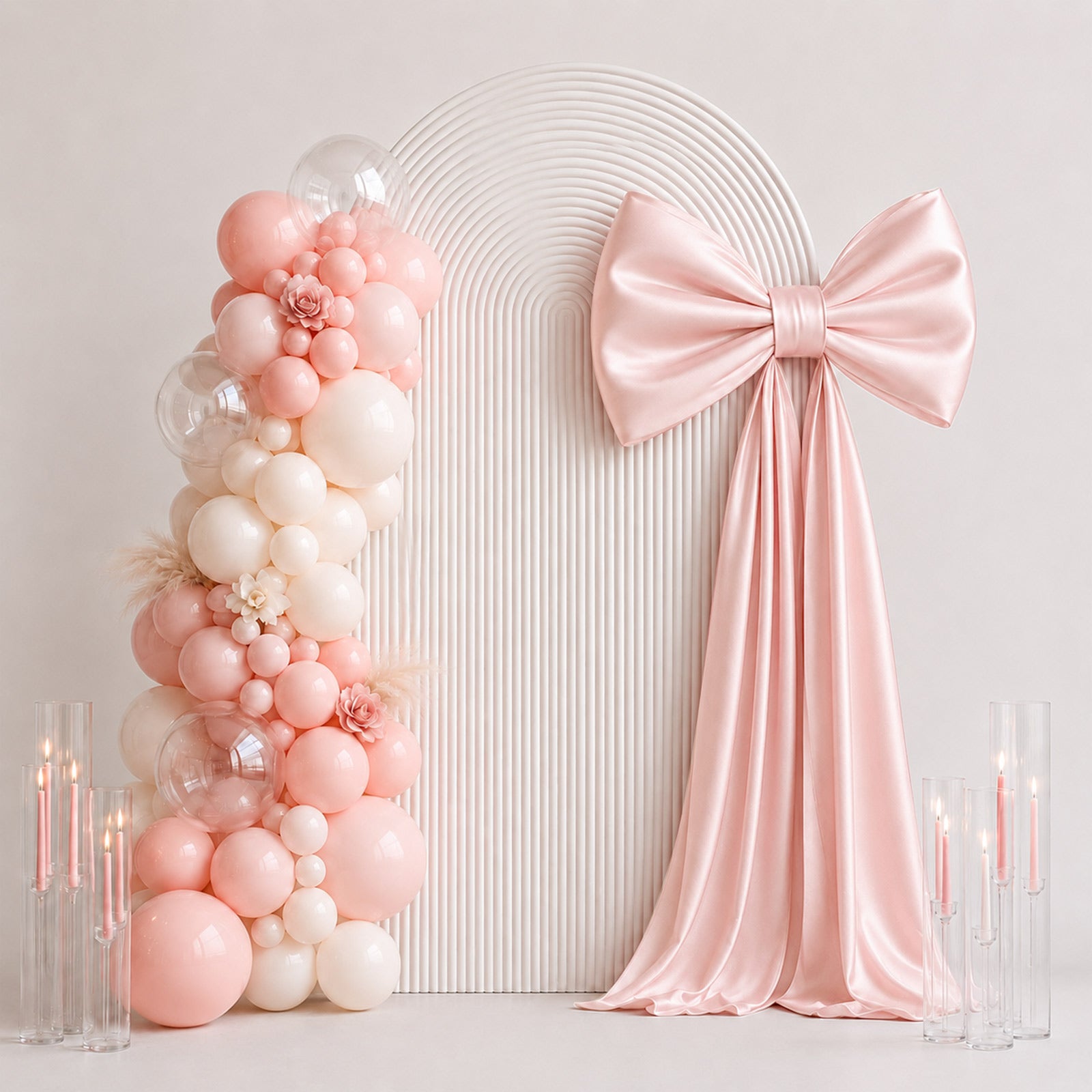 Blush pink bow tie décor for wedding and event backdrops.