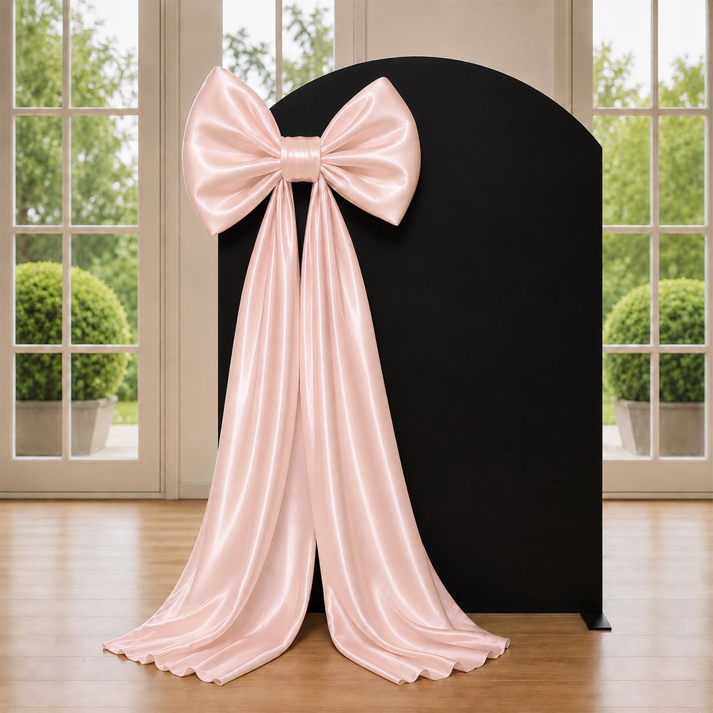 7ft giant blush pink bow tie décor for wedding and event backdrops.