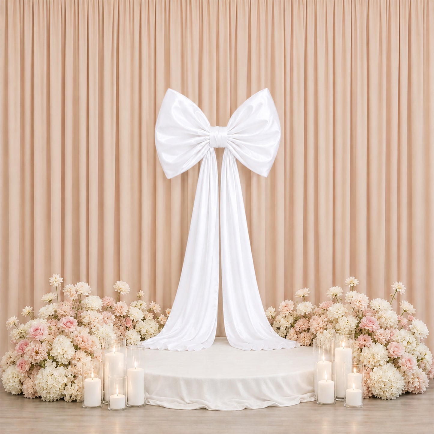 Giant white bow tie décor for wedding and event backdrops.