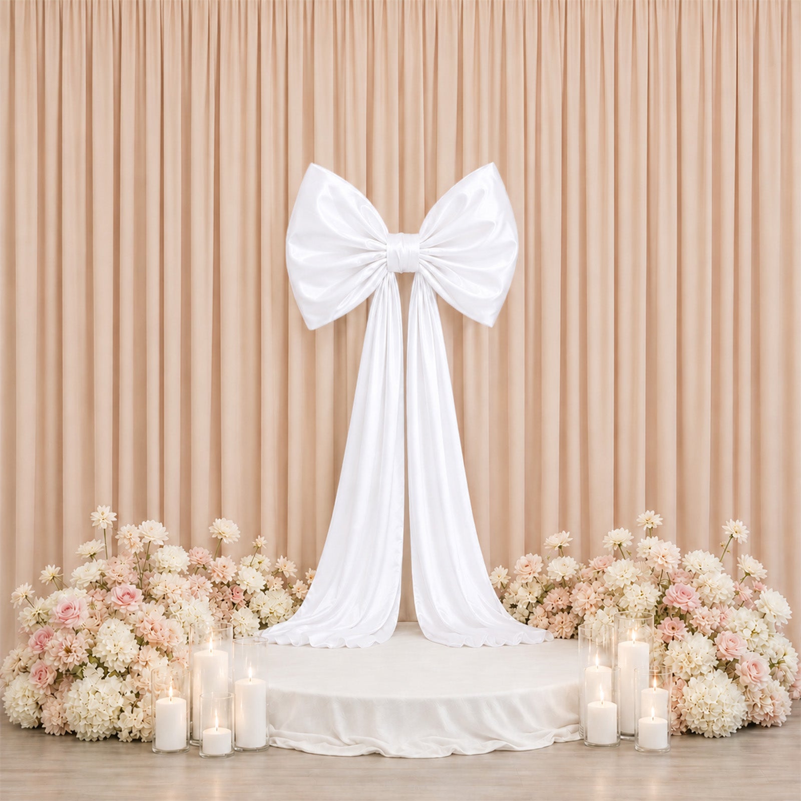 Giant white bow tie décor for wedding and event backdrops.