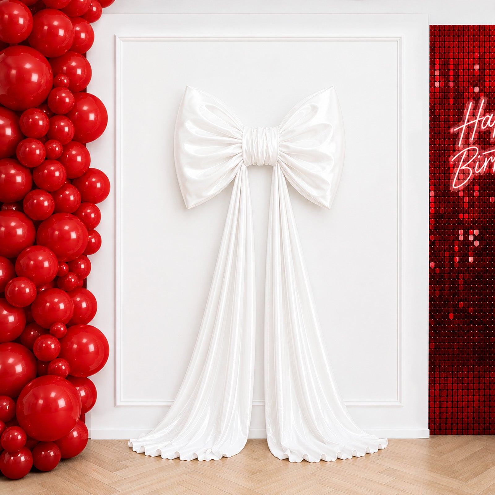 Giant white bow tie décor for wedding and event backdrops.