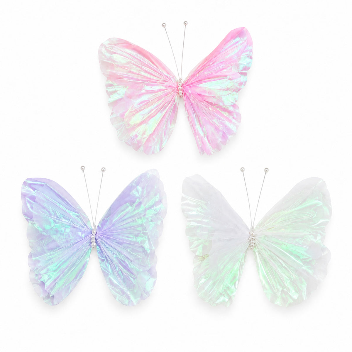 10 Pack Large 3D Butterfly Decorations 20" - Iridescent Gauze, Pearl Body & Wire Antennae, Backdrop 