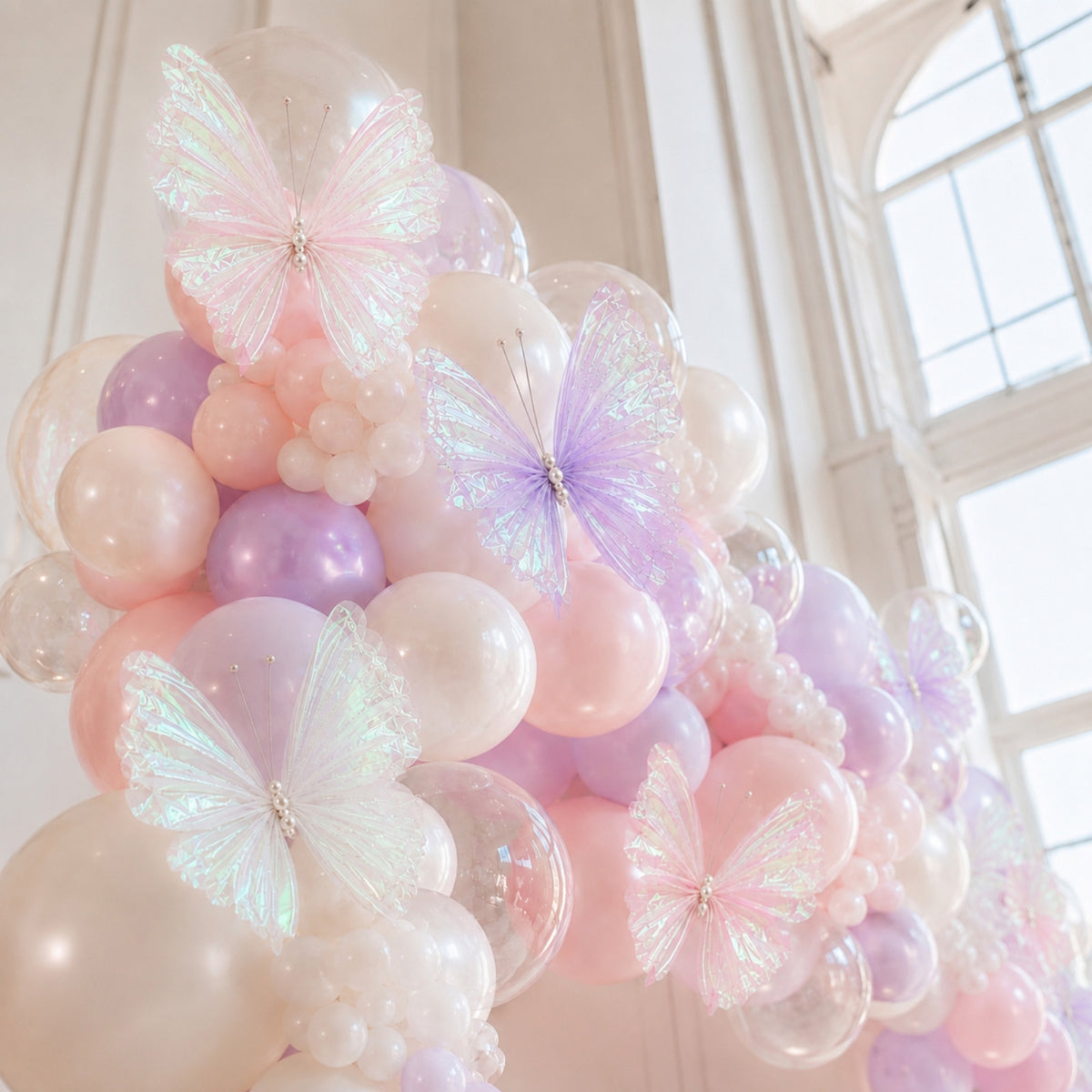 10 Pack Large 3D Butterfly Decorations 20" - Iridescent Gauze, Pearl Body & Wire Antennae, Backdrop 