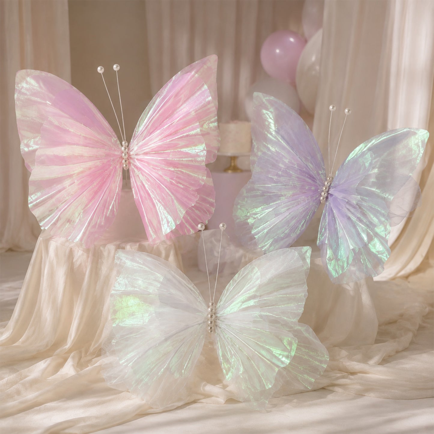 10 Pack Large 3D Butterfly Decorations 20" - Iridescent Gauze, Pearl Body & Wire Antennae, Backdrop 