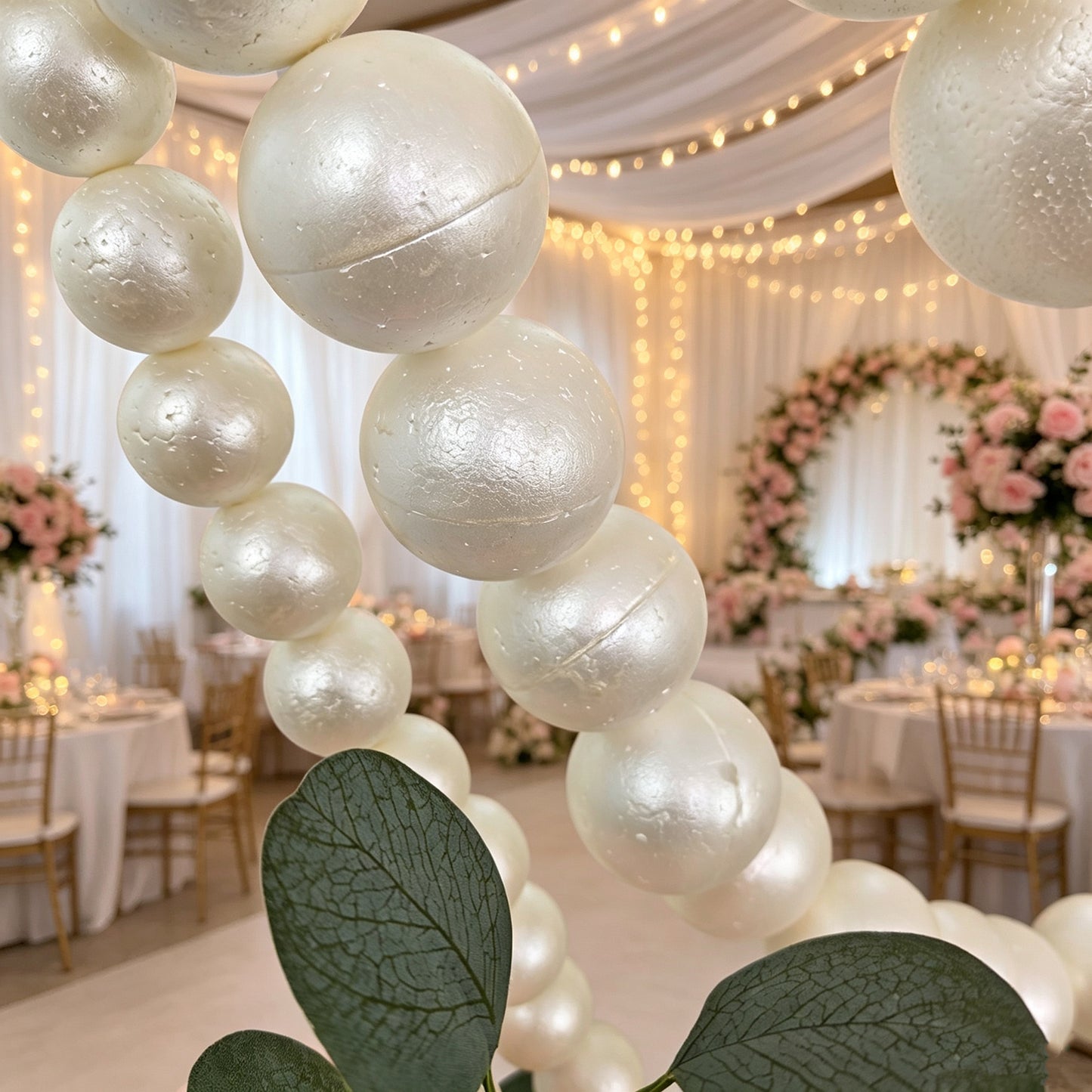Foam Pearl Garland White 6ft Long with 20 Count 4" Pearls - Hanging Strand for Backdrop Decor