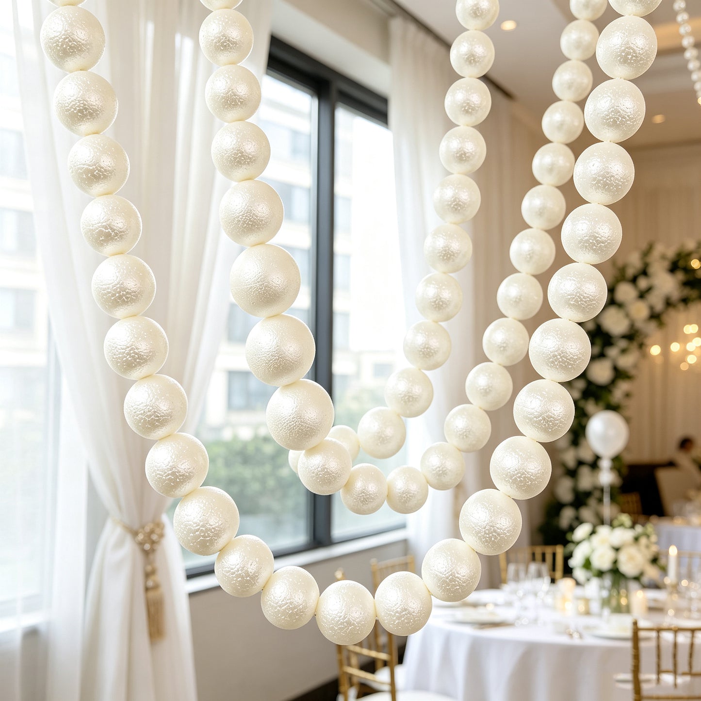 Foam Pearl Garland White 6ft Long with 20 Count 4" Pearls - Hanging Strand for Backdrop Decor