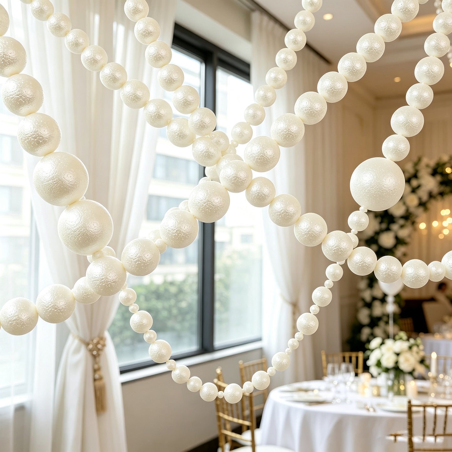 Foam Pearl Garland White 7.5ft Long with 60 Count 1.5" Pearls - Hanging Strand for Backdrop Decor