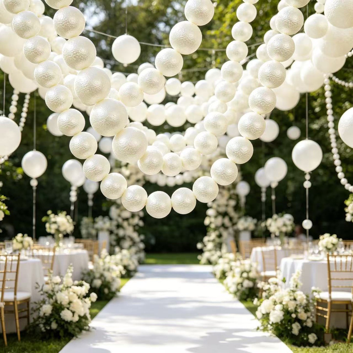 Foam Pearl Garland White 7.5ft Long with 40 Count 2" Pearls - Hanging Strand for Backdrop Decor