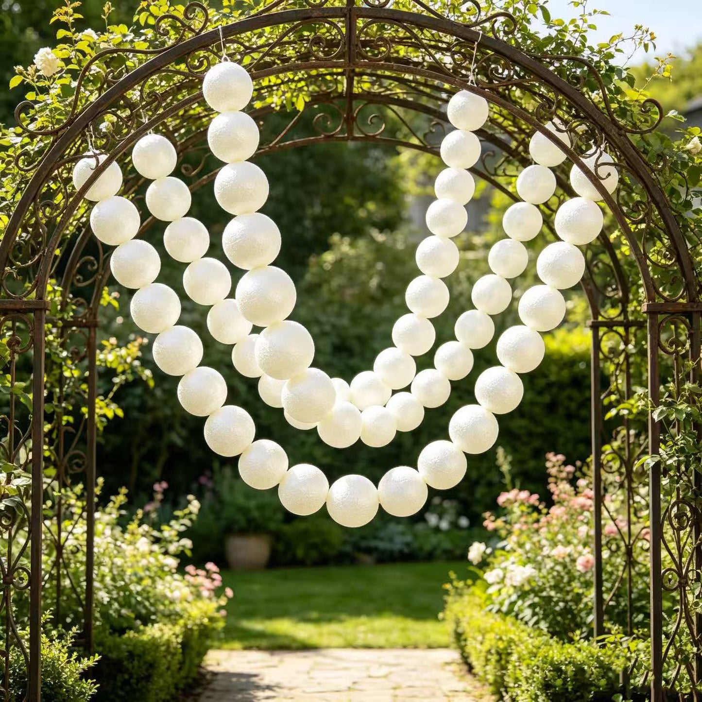 Foam Pearl Garland White 7.5ft Long with 40 Count 2" Pearls - Hanging Strand for Backdrop Decor