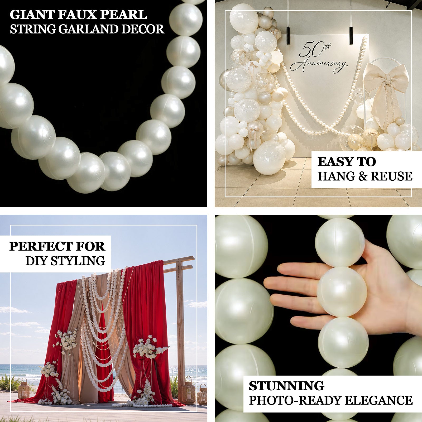 Faux pearl garland with lightweight foam pearls ideal for weddings, parties, photo backdrops, and ce