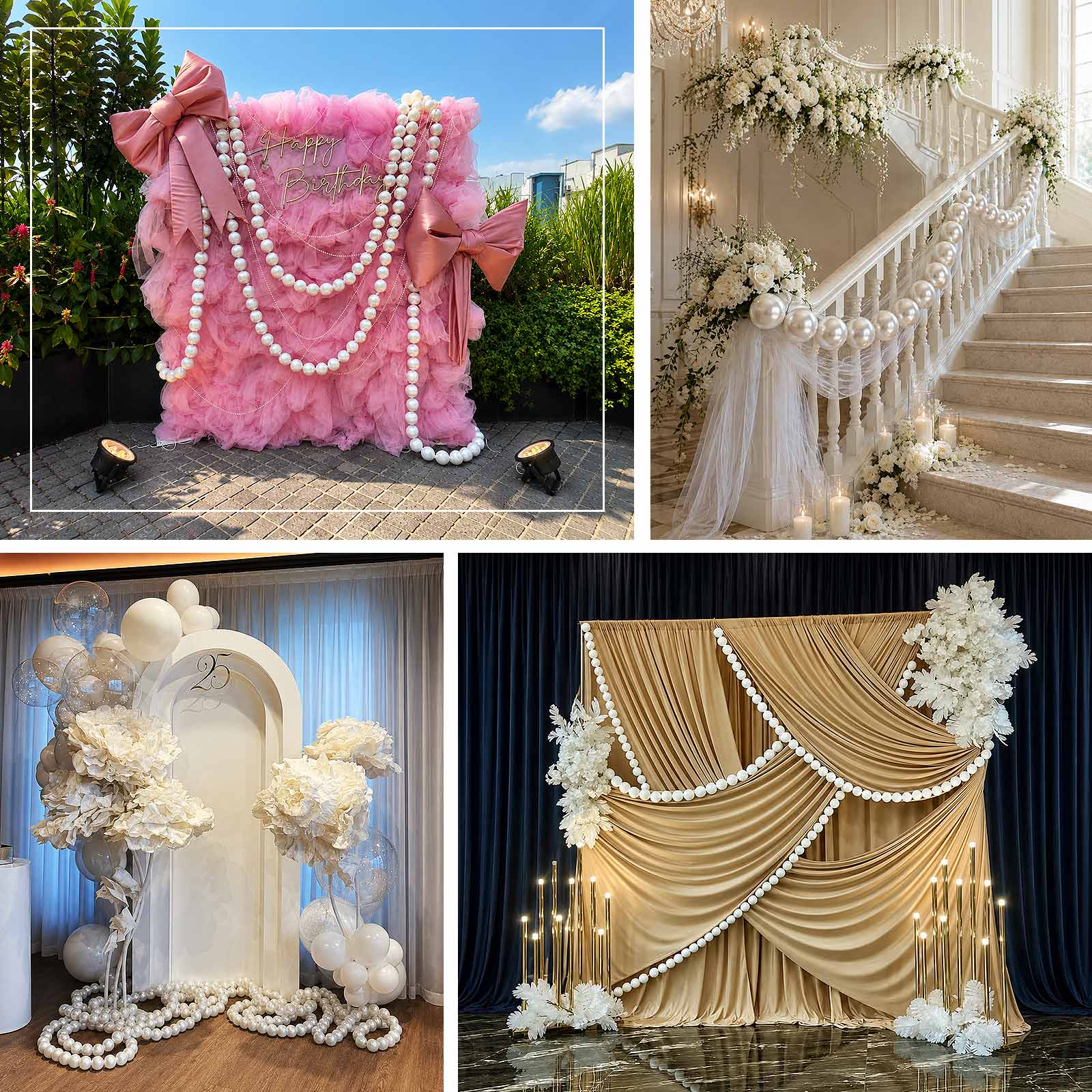Decorative pearl hanging strand designed to enhance floral arches, drapery backdrops, and event styl