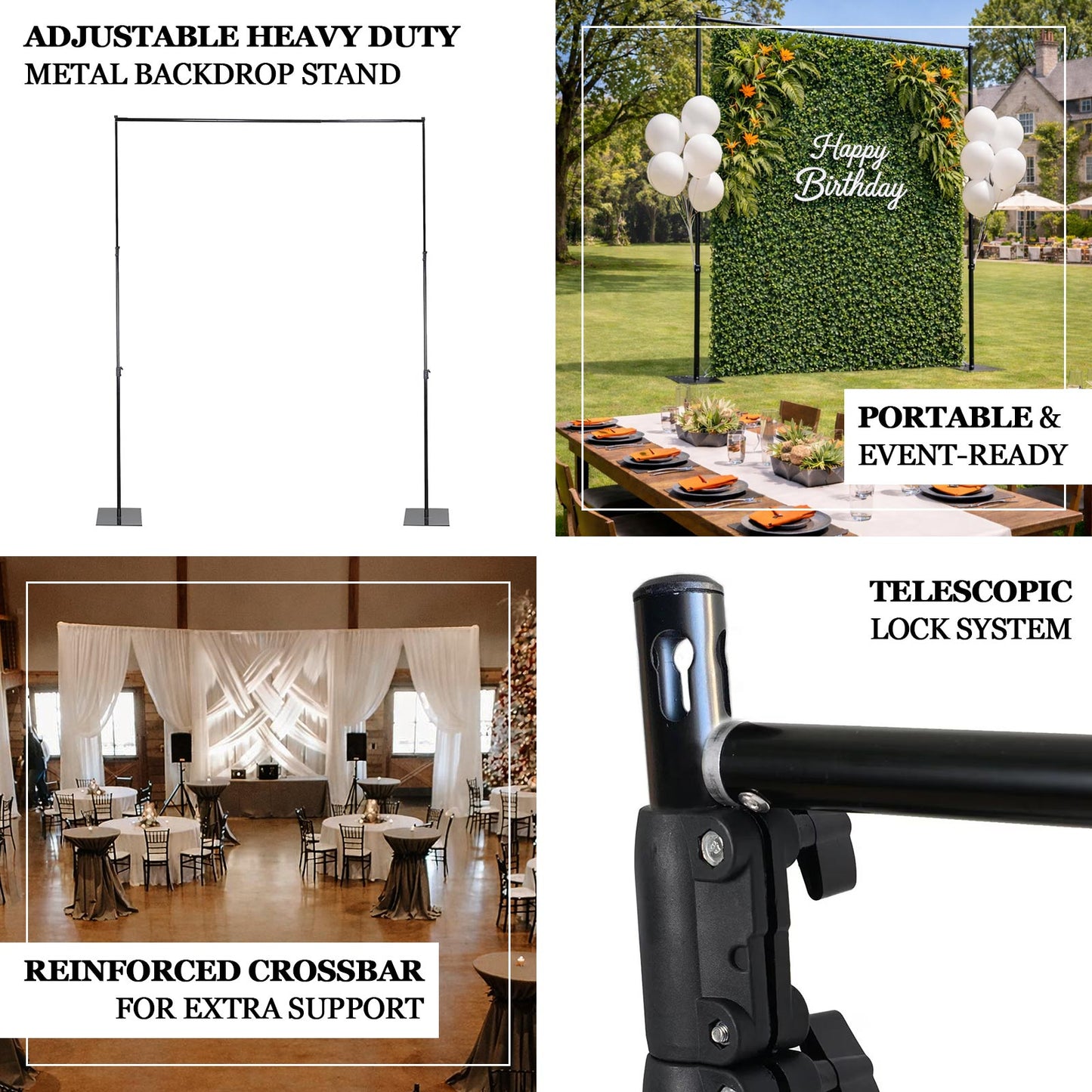 Black heavy duty metal backdrop stand with reinforced crossbar for events.