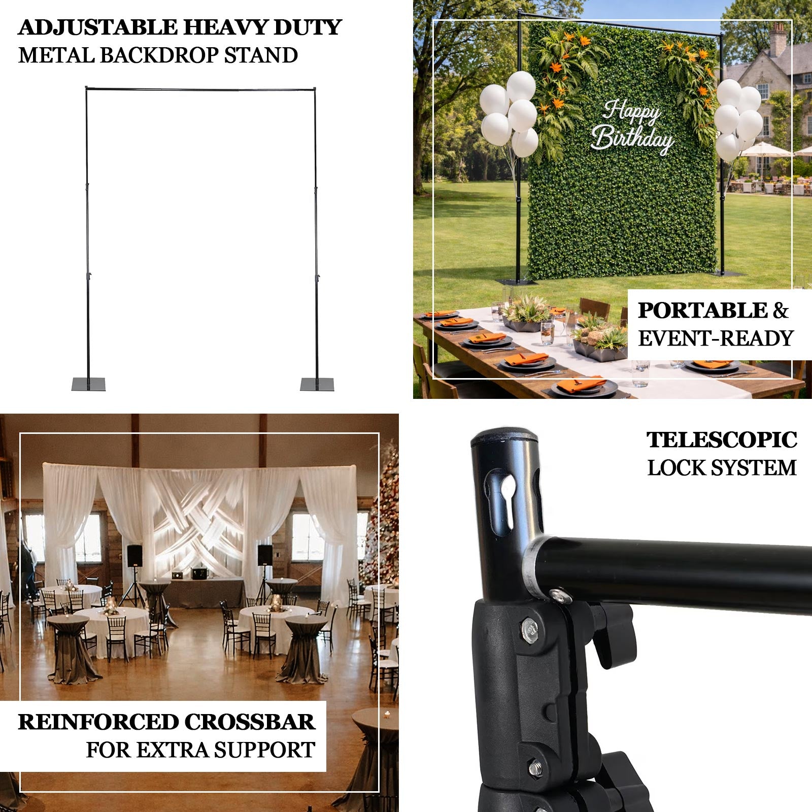 Black heavy duty metal backdrop stand with reinforced crossbar for events.