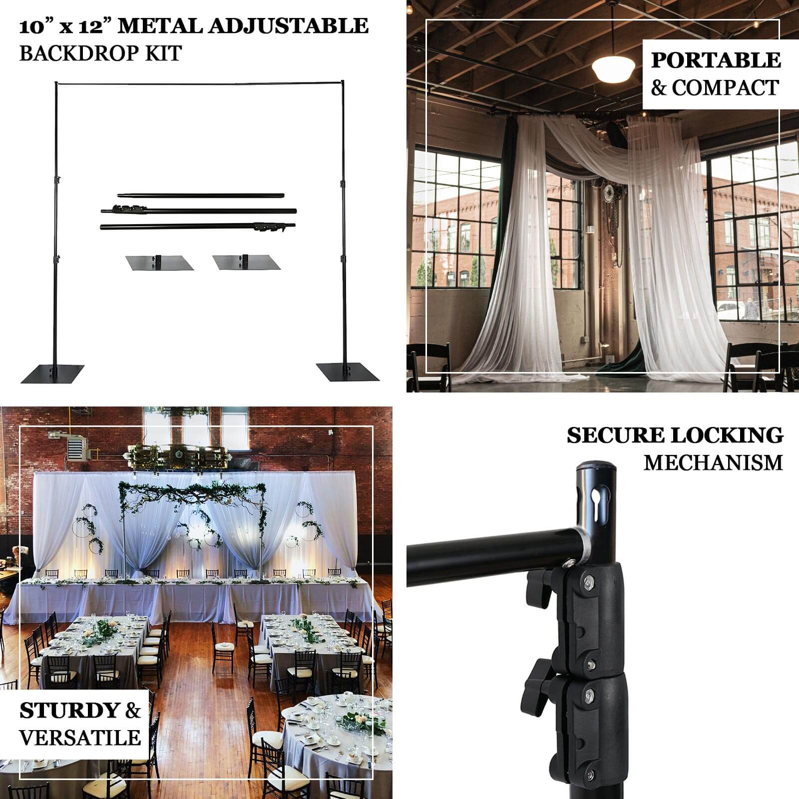 Black Heavy Duty Metal DIY Adjustable Backdrop Stand with Flat Steel Bases, Pipe and Drape Photography Background Stand - 10ftx12ft