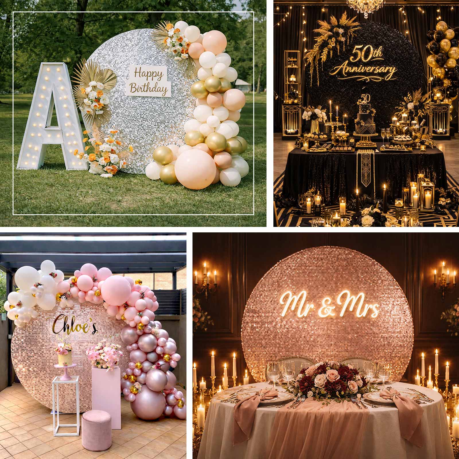 Sparkly silver sequin wedding arch cover for round backdrop stand.