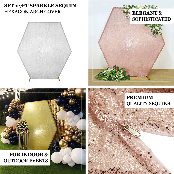 8ftx7ft Rose Gold Sparkle Sequin Hexagon Wedding Arch Cover, Shiny Shimmer Backdrop Stand Cover - 2-Sided Custom Fit