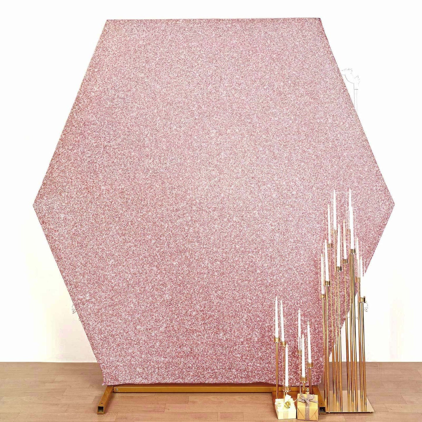 Rose gold metallic shimmer hexagon backdrop for weddings.