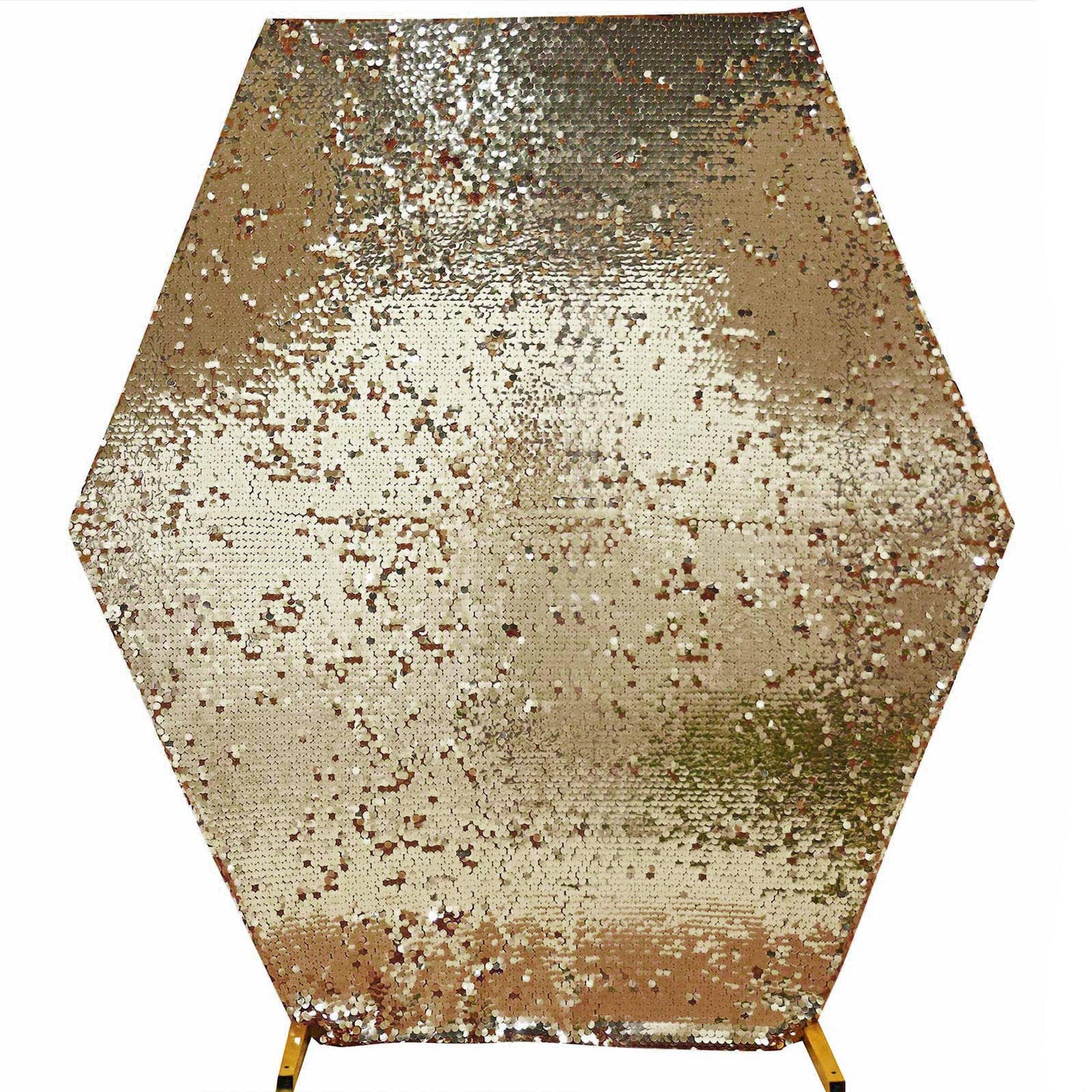 Gold sequin hexagon wedding arch cover, 8ft x 7ft, sparkly decor.