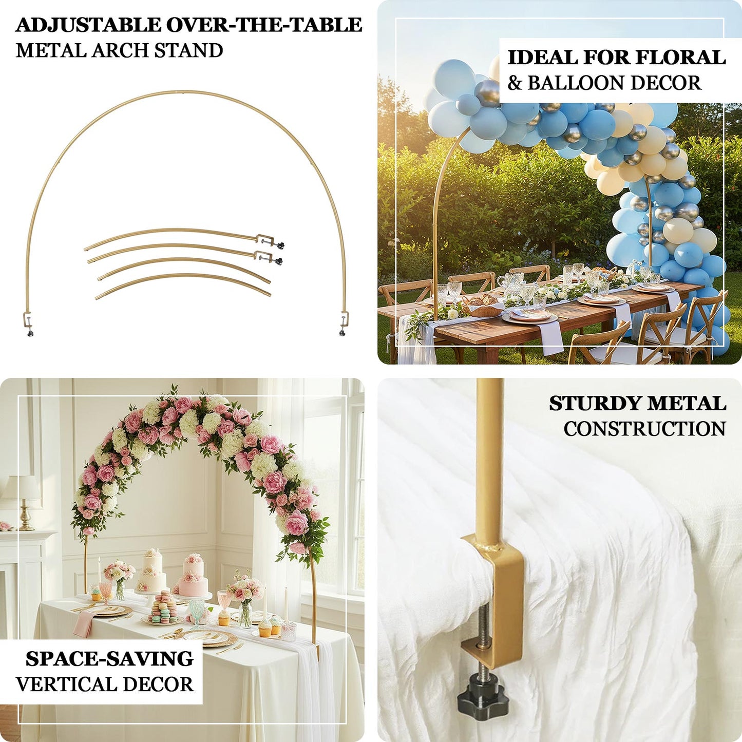 Gold metal over-the-table rod stand for balloon and flower decorations.