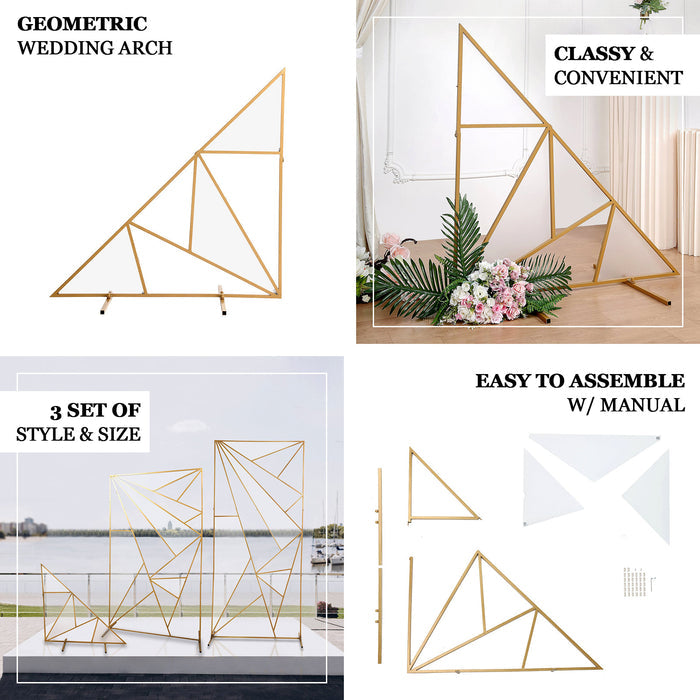 3ft Tall Gold Metal Geometric Wedding Backdrop Triangle Floor Stand, Flower Stand Doorway Wall Prop With Cloudy Film Insert